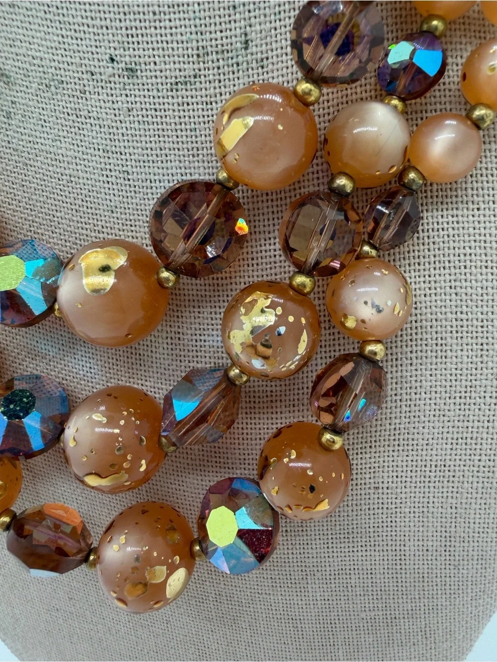Vintage AB rhinestone and copper color plastic triple layer beaded necklace